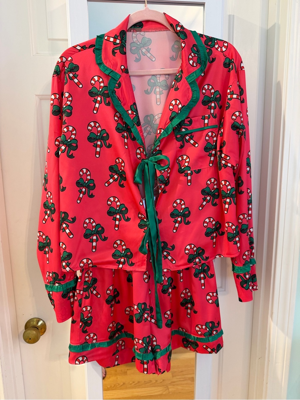 Women’s Red Candy Cane Satin Pajama Set with Green Trim